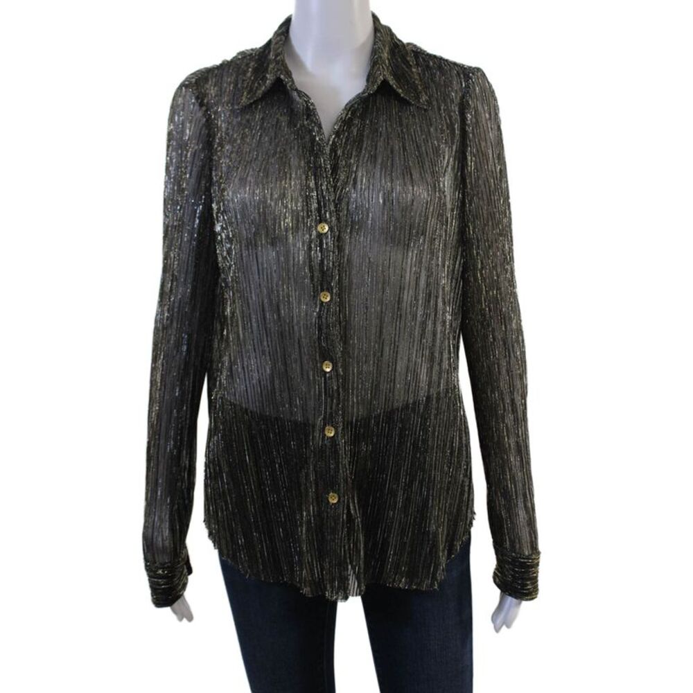 L'Agence Womens Collared Striped Black Button-Up Blouse 80s Polyester Size M